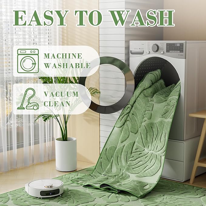 Sage Green Monstera Area Rug 8x10, High-Low Plush Pile Washable Rugs for Living Room Bedroom, Tropical Non Slip Nursery Carpet Soft Indoor Shag Rugs for Dining Room