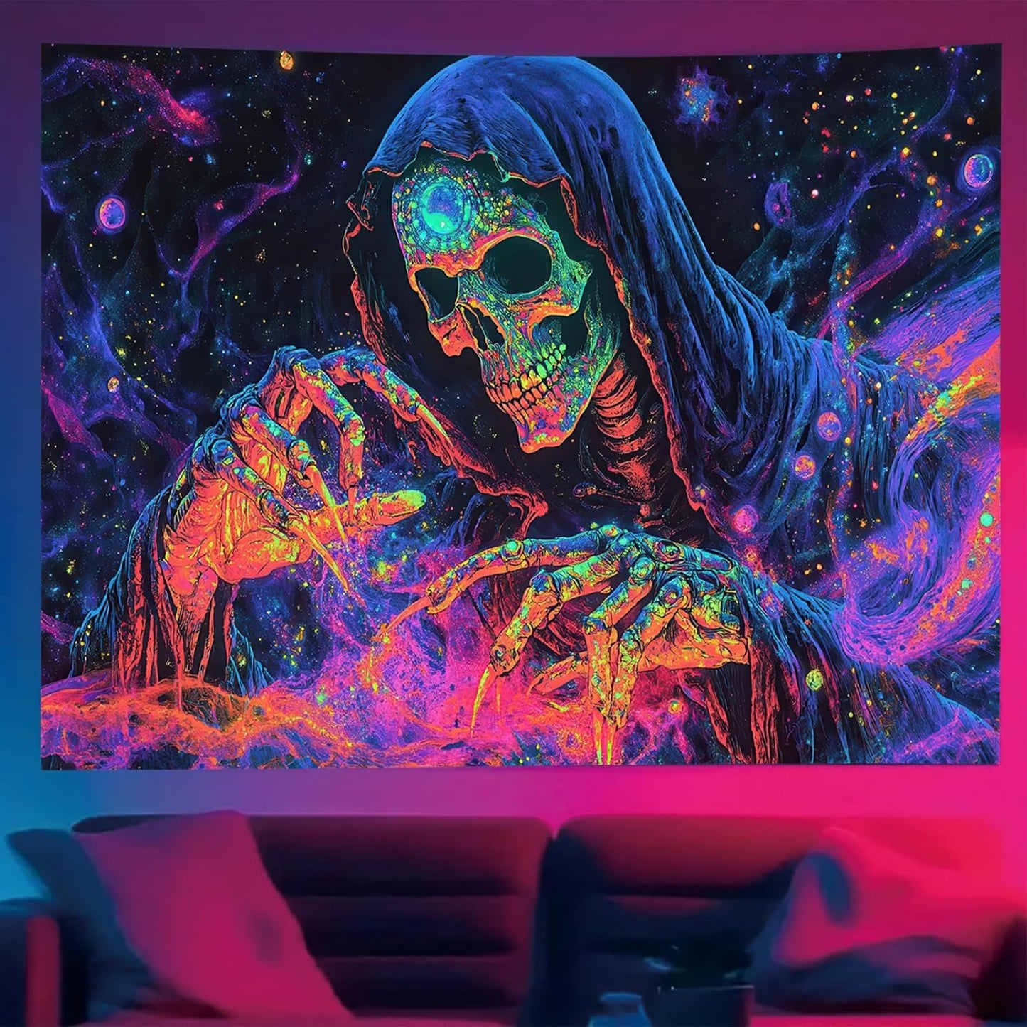 Starlit Patio Blacklight Skull Tapestry Skeleton UV Reactive Glowing Grim Reaper Wall Hanging Trippy Neon Skeleton Art Tapestry for Bedroom Living Room Dorm Aesthetic Gothic Horror Decor 78 x 59 Inch