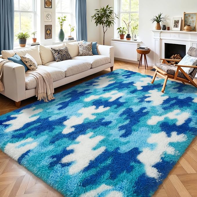 AROGAN Soft Fuzzy Kids Rugs for Girls Room Playroom 4x6 Feet, Fluffy Cute Colorful Princess Carpet for Kids Teens Nursery Toddler, Bedroom, Camouflage Blue and White