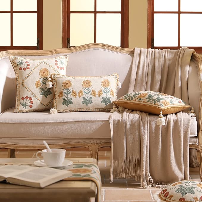 patdrea French Vintage Linen Throw Pillow Cover,18"x18"-RosaSilvestre B | Decorative Pillow Case with Zipper,Yellow Floral Pattern,Cushion Coverfor Couch Living Room Bedroom Sofa