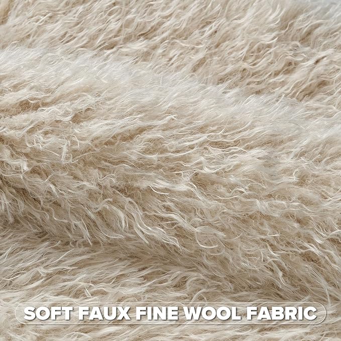 FUTEI Pack of 2 Shaggy Mongolian Faux Wool Throw Pillow Covers 18x18 Inch Soft Decorative Cushion Case for Couch Bed Living Room, Beige