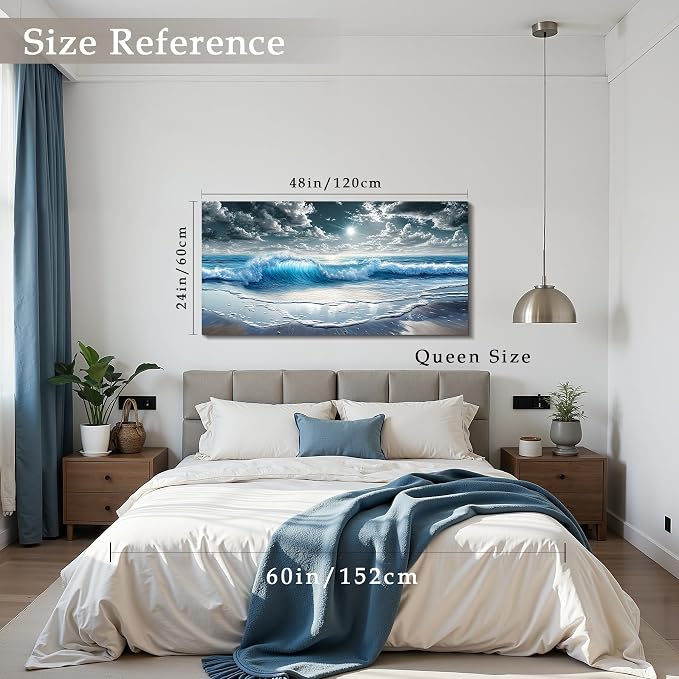 imjiayu Large Ocean Canvas Wall Art, Realistic Wave Seascape Painting, Coastal Beach Sunburst Wall Decor for Living Room Bedroom Office Home Decor, 24" x 48"