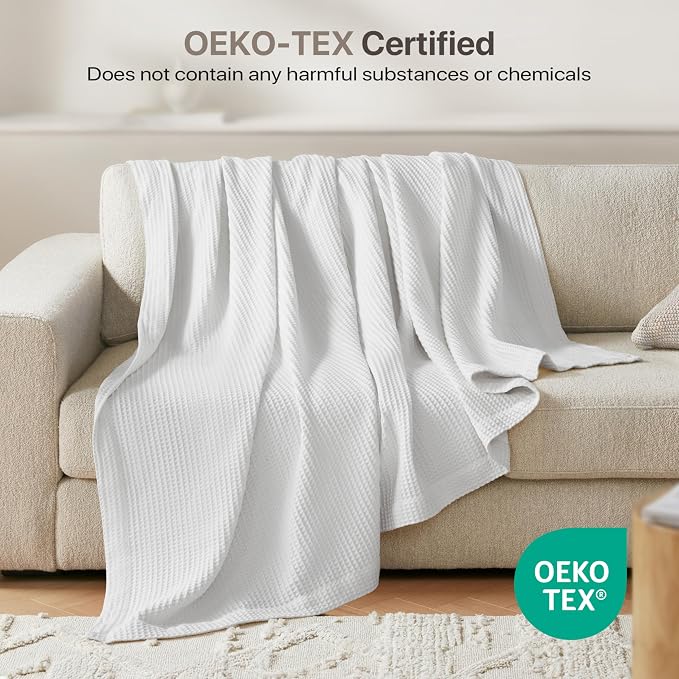 Madison Park 100% Cotton Blanket, Trendy Woven Waffle Weave Design, All Season, Lightweight, Breathable, Soft and Cozy Casual Summer Cover, for Bed, Couch and Sofa, Full/Queen(90 in x 90 in), White