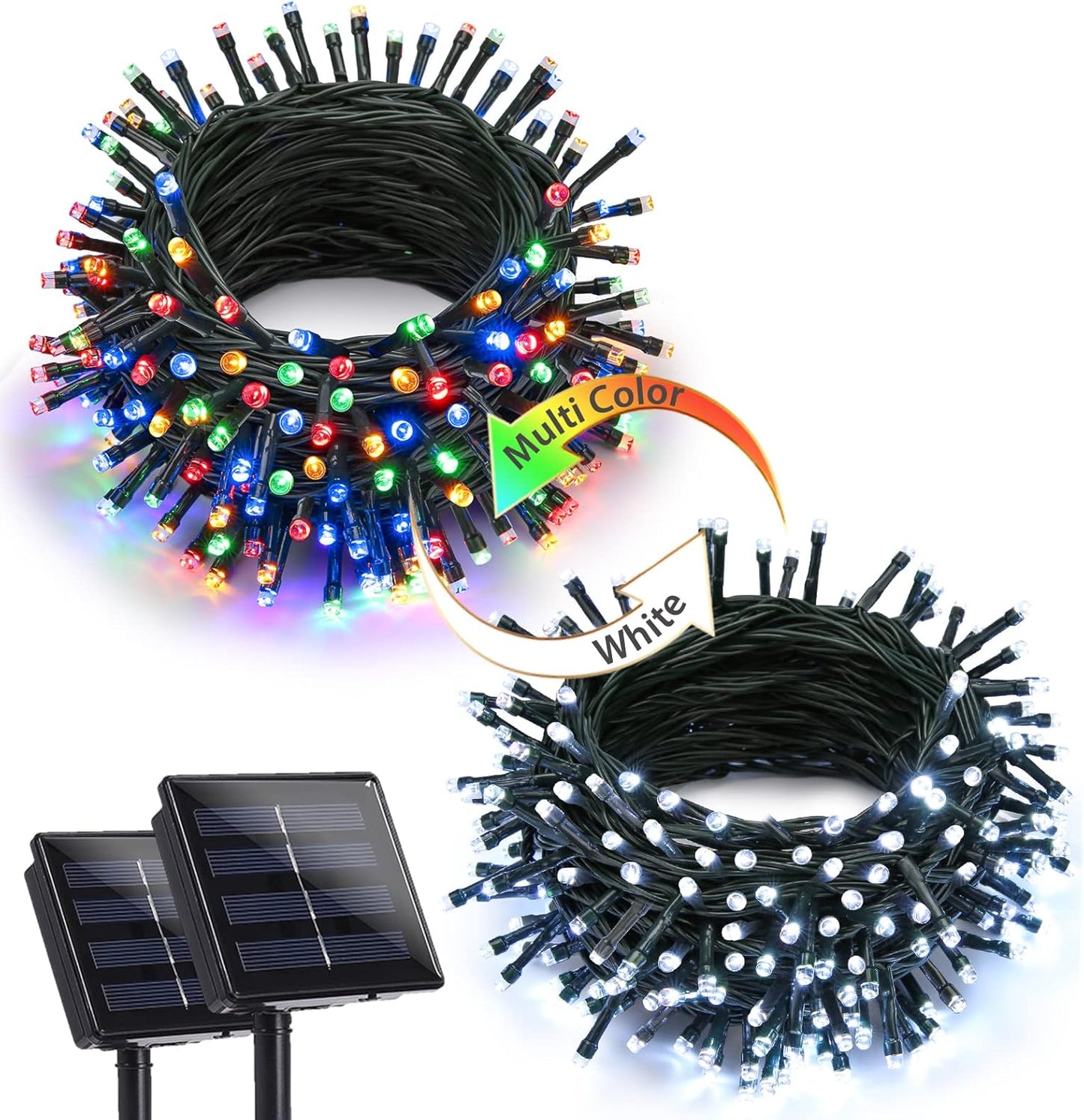 Joomer Color Changing Christmas Lights, 2 Pack Total 144FT 400 LED 12 Modes Solar String Lights Waterproof Twinkle Fairy Lights for Garden Yard Patio Christmas Decoration (White to Multicolor)