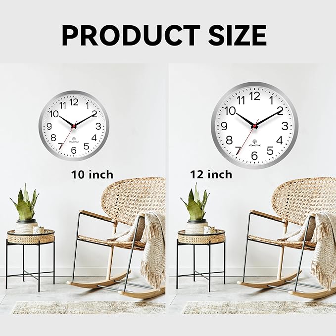 AKCISOT Atomic Silver Wall Clock Analog Clocks Battery Operated Clock for Bedroom Office Classroom Living Room(10 Inch)