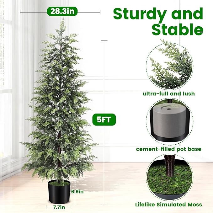 ENVEN Outdoor Artificial Topiary Cedar Tree Real Touch Faux Pine Evergreen Shrub Plant UV Resistant Greenery Tree with Pot Realistic Cypress Front Porch Decor (5FT-1Pack)