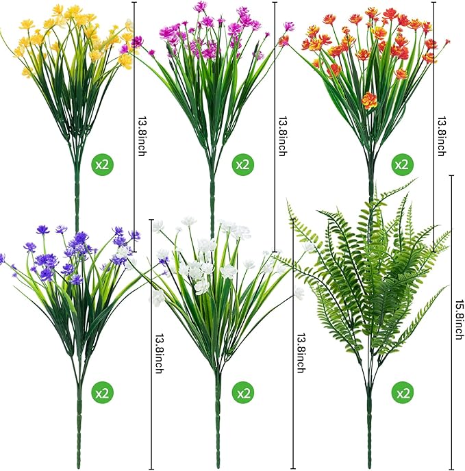 Ouddy Decor 12 Bundles Artificial Flowers for Outdoors UV Resistant Fake Plastic Plants Faux Boston Fern Greenery Stems for Spring Summer Indoor Garden Patio Window Box Kitchen Home Decor, Mixedcolor