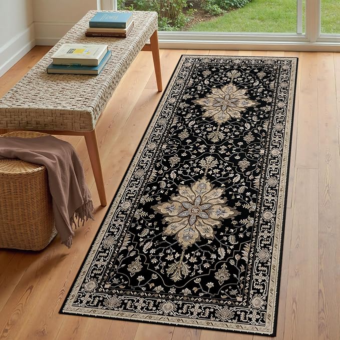 RELEANY Area Rugs 3'x6' Runner Rug Non Slip Washable for Kitchen Hallway Bedroom Beside Laundry Room Bathroom Rug, Floor Carpet, Black Brown Neutral Dark Tan