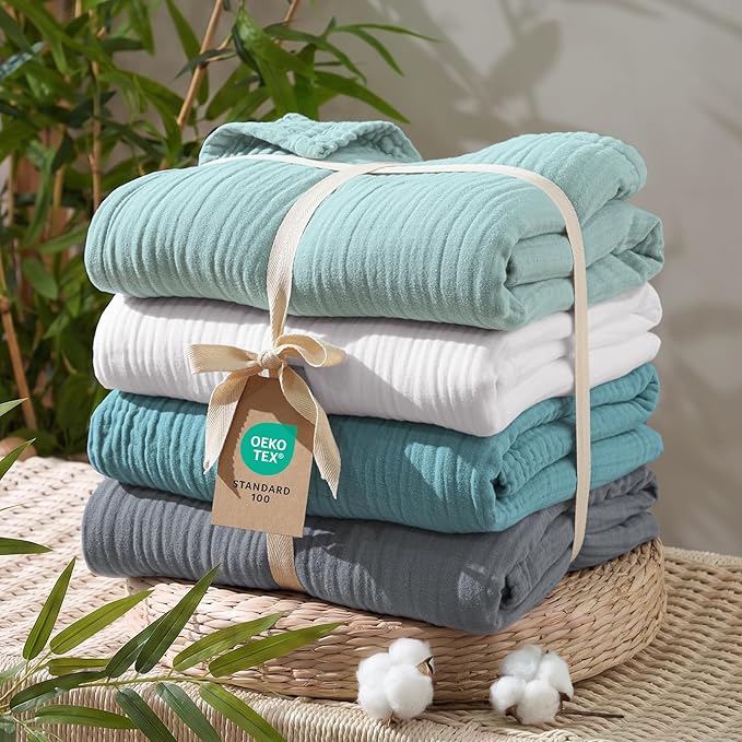 David's Home Soft Muslin Blanket Twin Size for Adults, 60% Rayon 40% Cotton, Breathable Lightweight Cooling Blanket for Hot Sleepers, 4-Layer Cozy Gauze for Bed, 66"x90", Teal Blue