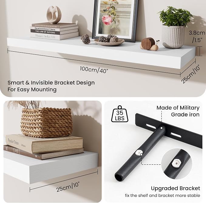 Fun Memories Floating Shelves Set of 3, 40 Inch Long Wooden Wall Shelves, 10 Inch Deep Wall Mounted Storage Shelf with Metal Brackets for Living Room, Bathroom, Bedroom and Kitchen, White