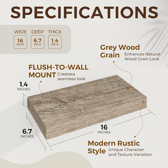 Dreamland 16" Floating Shelves 6.7" Deep Wall Mounted Set of 2 Grey | Wall shelves for bathroom, bedroom, Living Room, kitchen, deep wall mount wood storage display for home decor 16" x 6.7"