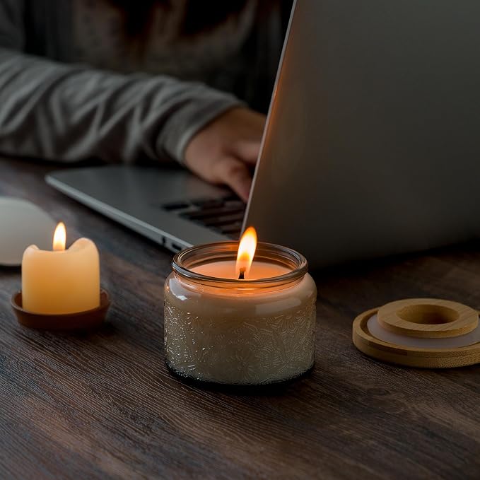 4 oz Gray Mandala Glass Candle Jars with Bamboo Lids, 18 Pack | Patented Embossed Design, Includes Wick Centering Devices & Warning Labels, Multiple Color Options
