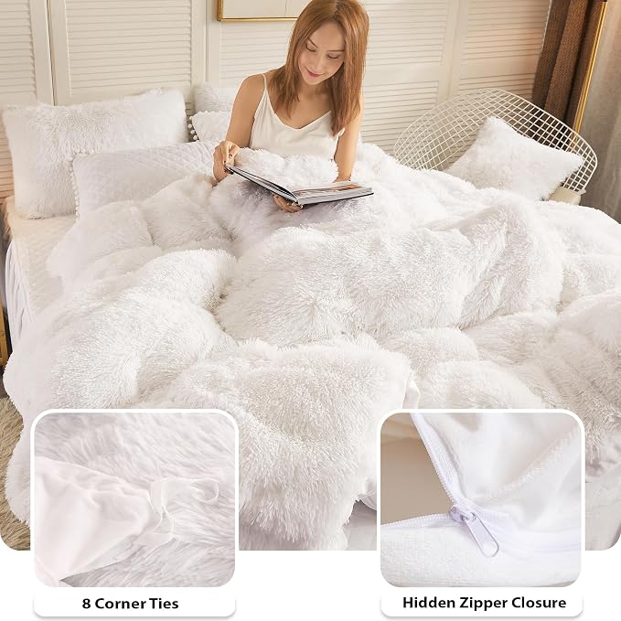 LIFEREVO Luxury Plush Shaggy Duvet Cover Set, Soft Velvet Fluffy Furry Duvet Cover Set(1 Faux Fur Fuzzy Comforter Cover + 2 Pom Poms Pillowcases) Solid Bedding Set, Zipper Closure(Full/Queen, White)