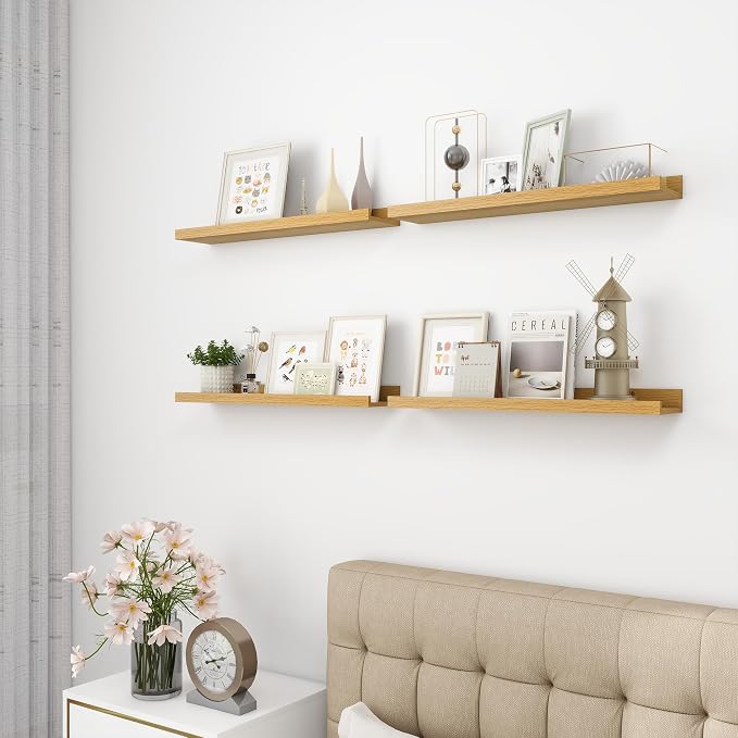 Acovy Picture Ledge Shelf, Wood Floating Shelves Set of 4, 24 inch Picture Ledge Shelves, Photo Ledge Nursery Book Shelves Wall Mounted for Living Room Kids' Room Bedroom, Color Oak