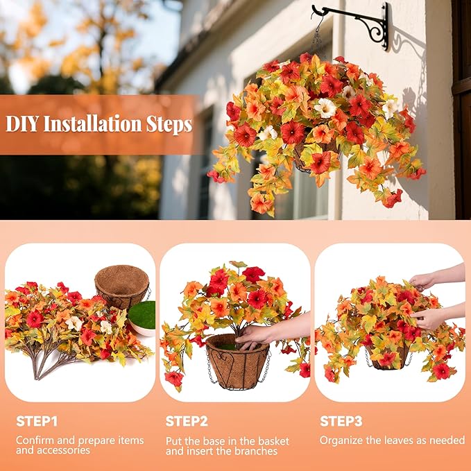 Ammyoo Artificial Fake Fall Flowers with Hanging Basket Plants for Outdoor Decoration, Silk Faux Flower UV Resistant Petunias for Home Porch Patio Garden Balcony Yard Decor Real Looking(Orange White)