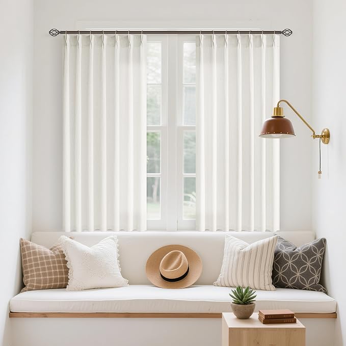Cream Semi Sheer Linen Pinch Pleated Curtains 54 Inch Long | Neutral Ivory Beige Natural, Small, Light-Filtering Privacy, Bedroom, Boho Modern, Hook Rings Memory Shape, Burlap Textured