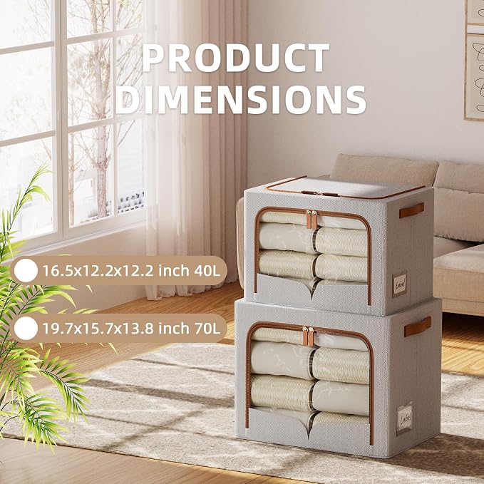 FHSQX 6 Pack Clothes Storage Bins, 40L,Light Grey, 16.5x12.2x12.2 inch | Metal Frame, Portable, Large Clear Window, Stackable, Durable Handles, Foldable