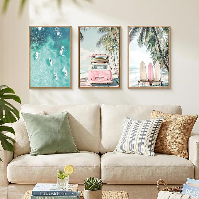 HOURIA Summer Surfboard Beach Framed Canvas Wall Art Set,Modern Ocean Surfing Seascape Wall Decor,Coastal Bus Coconut Tree Wall Painting,Nature Botanical Art Prints for Living Room, Bedroom-16 x24 x3
