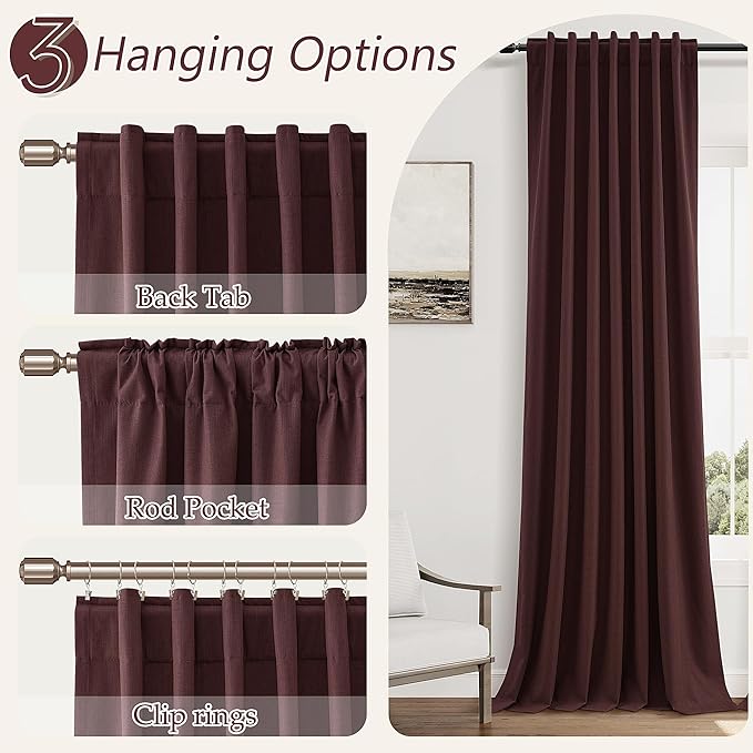 Guken Reddish Brown 100% Blackout Linen Curtains 120 Inch Length 2 Panels Set for Living Room Bedroom Back Tab/Rod Pocket Thermal Insulated Farmhouse Black Out Drapes Room Darkening,52x120