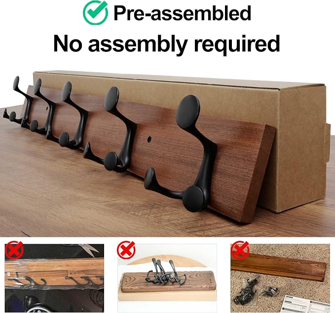 WEBI Coat Rack Wall Mount,30" Solid Wood Coat Hooks Wall Mounted Coat Hanger,16" Hole to Hole,Heavy Duty 5 Triple Hooks for Hanging Coats,Jacket,Hat,Backpack,Farmhouse,Reddish Brown