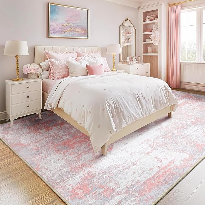 RELEANY Washable Area Rugs 7'x9' Non-Slip Modern Abstract Soft for Living Room Entryway Bedroom Nursery, Print Pattern, Grey Pink