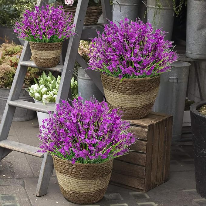 20 Bundles Artificial Lavender Flowers for Outdoors Fake Silk Flowers Faux Plants UV Resistant for Outside Indoor Spring Porch Window Garden Table Box Office Home Decorations, Fuchsia