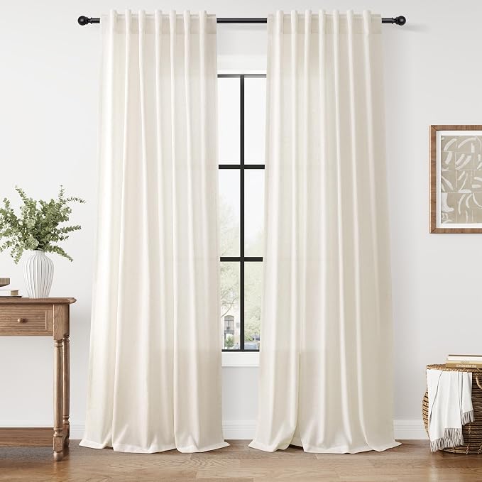 Nanspring Modern Linen Curtains for Living Room 90 Inches Long Light Filtering Semi Sheer Curtain Back Tab Neutral Luxury Modern Farmhouse Decor Linen Blend Drapes for Bedroom 52x90, 2 Panels