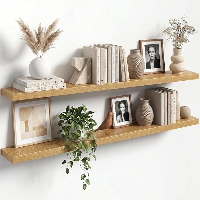 55" Floating Shelves for Wall, Set of 2, 8" Deep, 1.5" Thick, Oak Finish | Rustic Wood Wall Shelves with Invisible Brackets, Storage and Display for Bathroom, Bedroom, Living Room or Kitchen