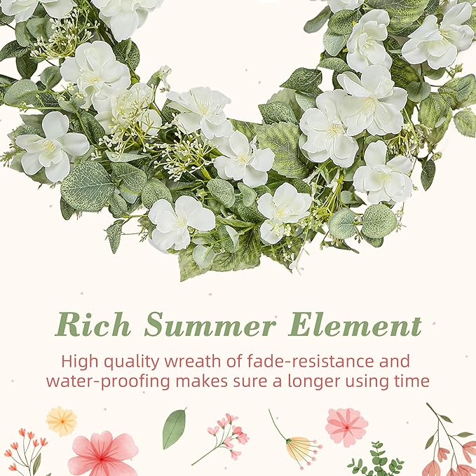 YNYLCHMX 18" Spring Summer Wreaths for Front Door, Artificial Floral Wreath with White Rose Flowers Green Eucalyptus Leaves, Green Foliage Wreath for Wall Window Farmhouse Party Holiday Home Decor