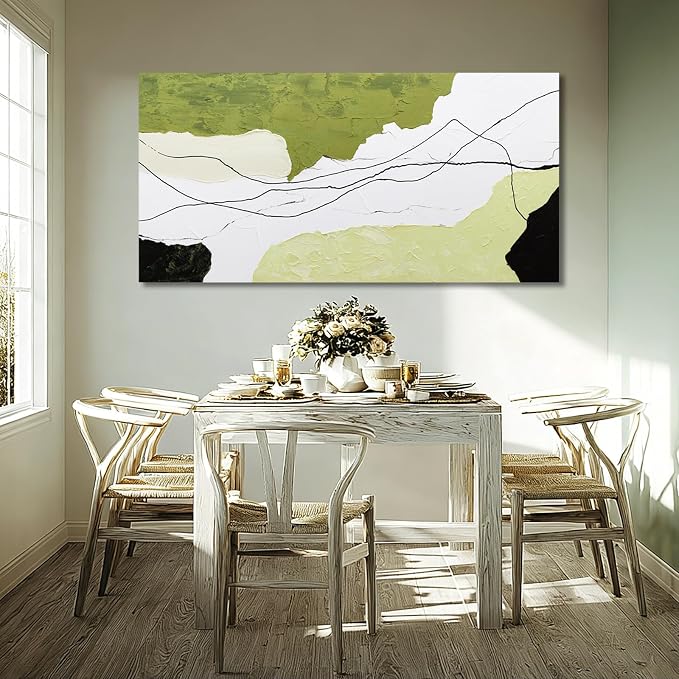 Dolidoteart Green White Black Canvas Wall Art, Hand Painted Abstract Oil Painting, Large Modern Wall Decor for Living Room Bedroom Office, Horizontal 24x48 Inch