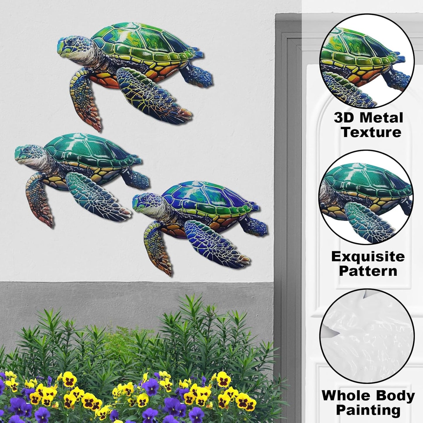 John's Studio 3Pcs Metal Turtle Sea Wall Decor Outdoor Garden Hanging Art Sculptures Home Ocean Theme Decorations for Kitchen Bathroom and Pool