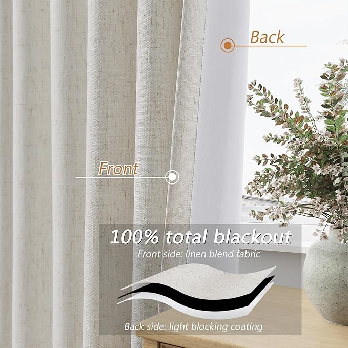 Guken Boho 100 Inches Long 100% Blackout Curtains Room Darkening Large Window Linen Drapes Sound Proof Heat Blocking Thermal Curtain for Bedroom Back Tab Rod Pocket, 52x100