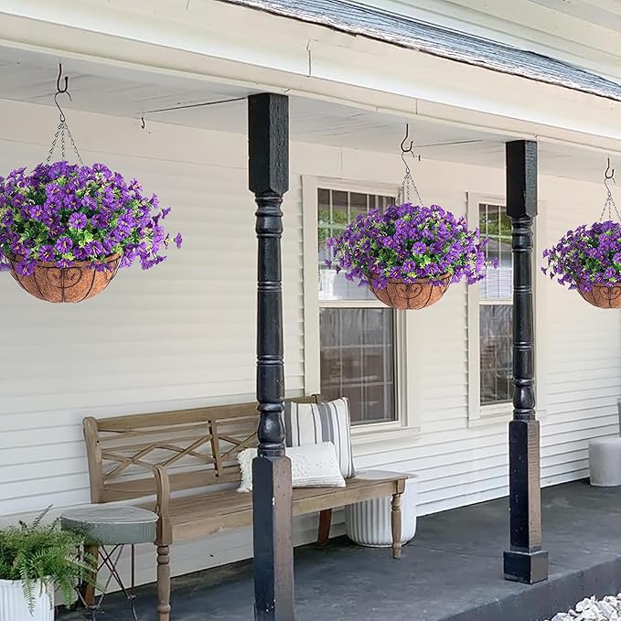 Artificial Fake Hanging Flowers Plants Basket for Outdoors Spring Decoration, Realistic Faux Silk Morning Glory for Outdoor Planters UV Resistant Artificial Flowers for Outside Porch Garden, Purple