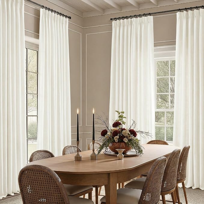 Extra Wide Pinch Pleat Curtains 84 Inches Long for Large Window Patio Sliding Glass Door Natural Cream Linen 60 Inch Wide Curtain Semi Sheer Pleated Drapes Ivory Back Tab Curtain 60x84 Length 2 Panels