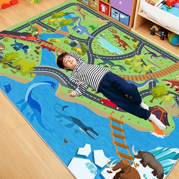 Kids Rugs for Playroom - Soft & Non-Slip 7x9 Feet Dinosaur Play Mat,Childrens Dinosaurs Carpet Washable Rug for Classroom Nursery Bedroom Boys