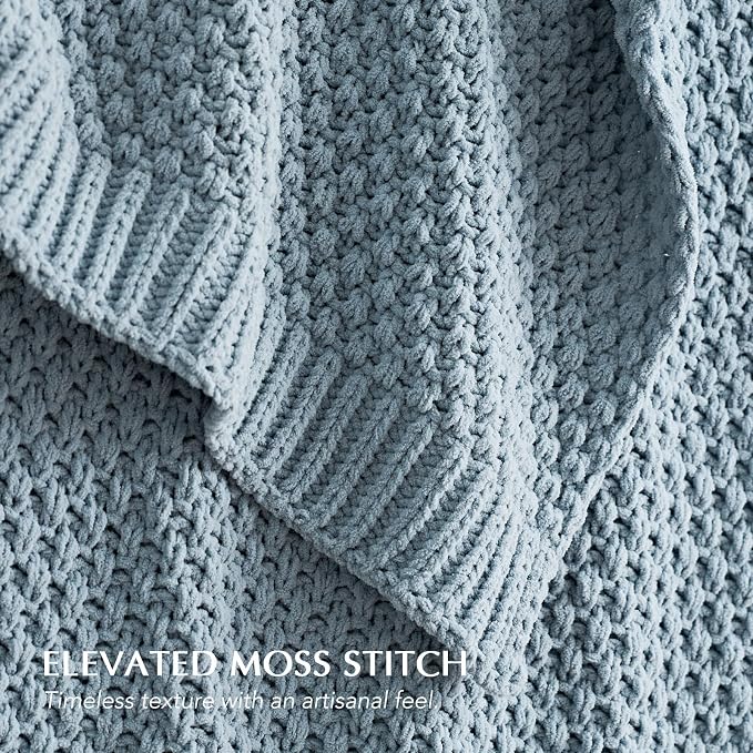 EVERGRACEHOME Chunky Chenille Knit Throw Blanket for Couch, Soft Luxurious Oversized Queen Moss Stitch Blanket for Bed, Cozy Farmhouse Knitted Throw for Sofa, Chambray Blue, 90" x 90"