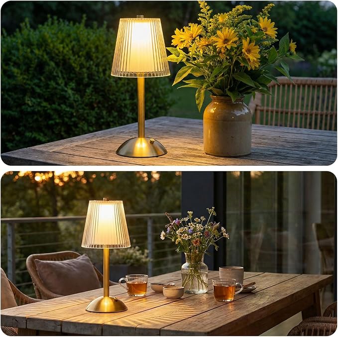 Liliful 1 Pcs Cordless Table Lamp Rechargeable Touch LED Small Gold Portable Battery Operated USB-c Desk Lamp 3 Color Dimmable for Bedroom Living Room Dining (Gold,Hollow Lined Style)