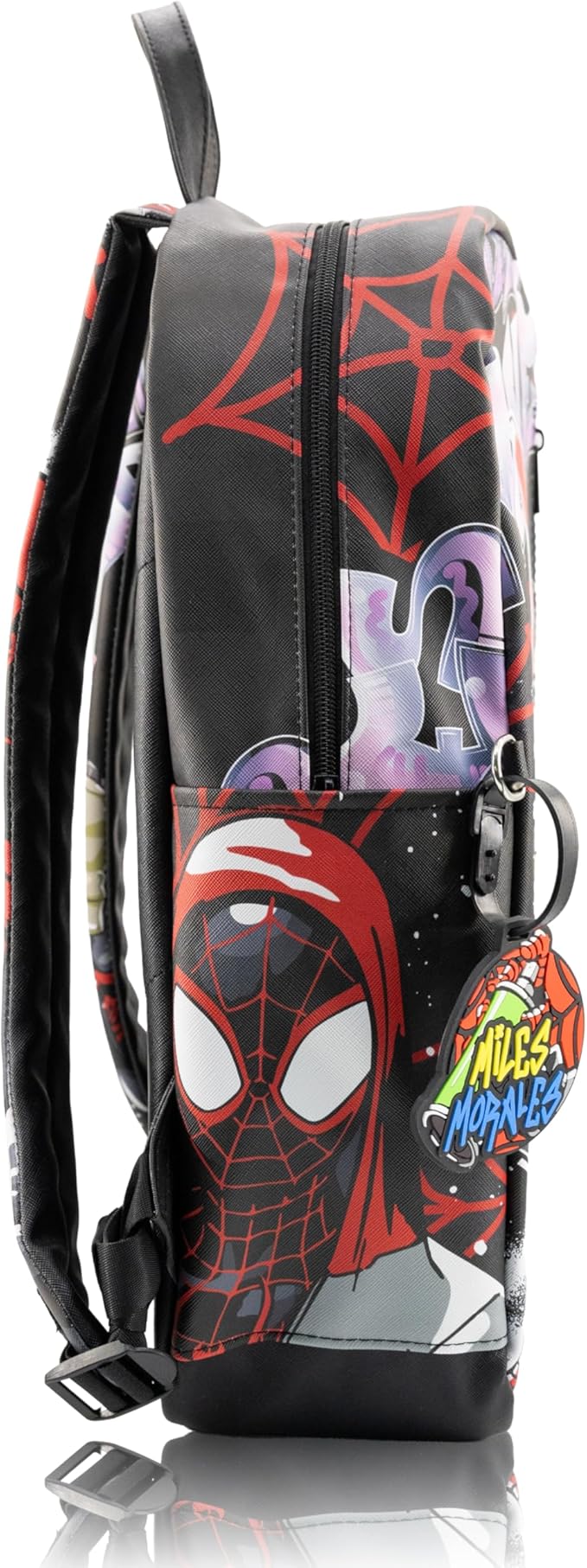 Marvel Miles Morales Spiderman Backpack for Teens | 16" Saffiano Leather School Bookbag with Rubber Luggage Tag | Spiderman Backpack for Boys, Girls, Unisex | Officially Licensed Marvel