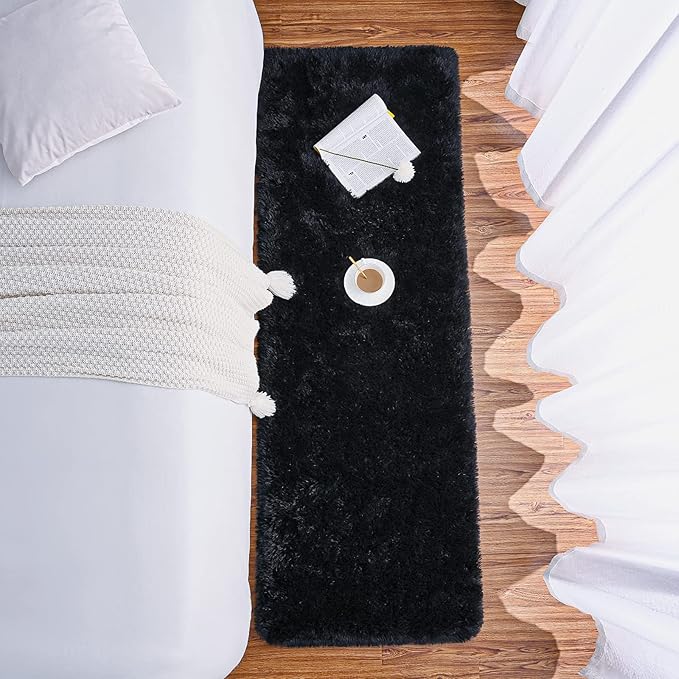 Chicrug Soft 2x10 Runner Rug for Bedroom Living Room Plush Fluffy Rug, Shag Furry Hallway Runner Carpet Rug Non Shedding for Nursery Children Kids Girls Room Home Decorative, Black