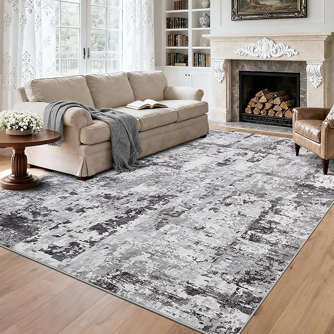 GarveeHome Modern Area Rug 6x9 Washable Rugs for Living Room Aesthetic, Large Abstract Non-Slip Low-Pile Indoor Dark Grey Printed Accent Carpet for Bedroom Dining Room Office