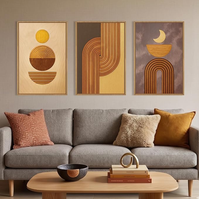Large Boho Woodcut Framed Canvas Wall Art,Mid Century Modern Wall Decor,Abstract Geometric Brown Art Prints,Bohemian Sun and Moon Artwork for Living Room,Bedroom,Office -16"x24"x3