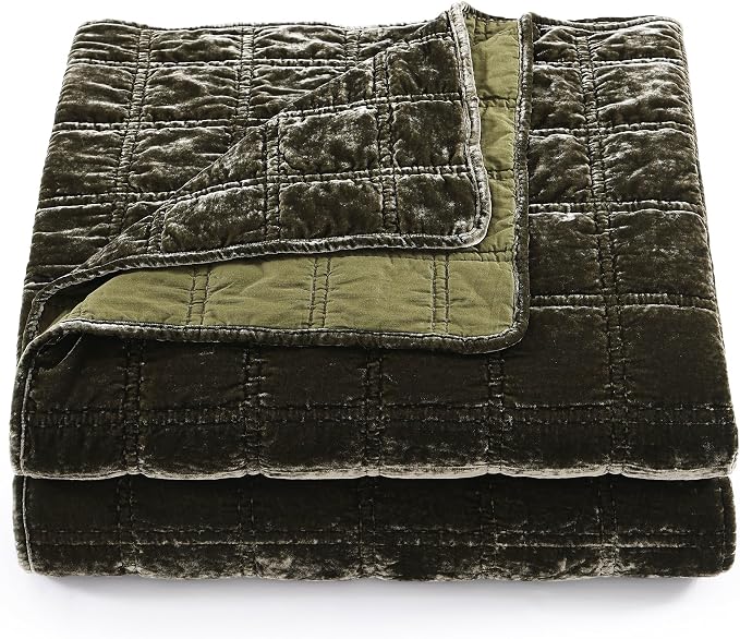 HiEnd Accent Stella Faux Silk Velvet Double Box Stitch 3 Piece Quilt Set, Full Queen Size, Fern Green Solid Color, Classic Chic Modern Rustic Elegant Bedding Set, Lightweight Bed Set