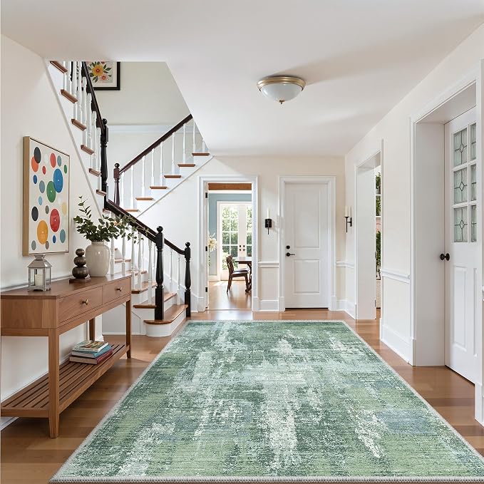 Valenrug Washable Rugs 8x10 - Stain Resistant 8x10 Area Rugs for Living Room, Non Slip Backing Abstract Large Area Rugs for Bedroom, Folable Machine Washable Area Rug(8'x10', Sage Green)