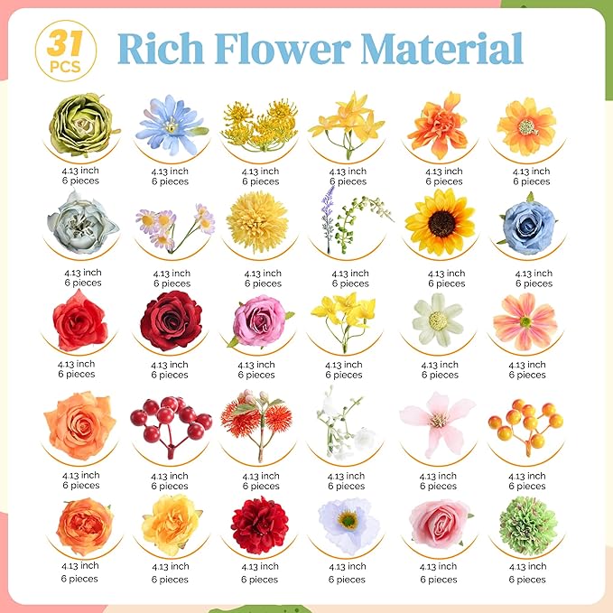Artificial Flowers Combo Box, 31PCS Fake Flowers, Silk Flower Mix with Wire Stem, DIY Wedding Bridal Bouquet for Arrangement, Shower Party Home Décor, Warm Rainbow