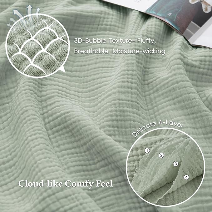 David's Home 100% Cotton Muslin Throw Blanket for College Dorm, 4-Layer Soft Breathable Lightweight Cozy Throw Guaze for Hot Sleepers, 3D Bubble Room Decor for Bed, Giftable, Sage Creen, 50"x70"