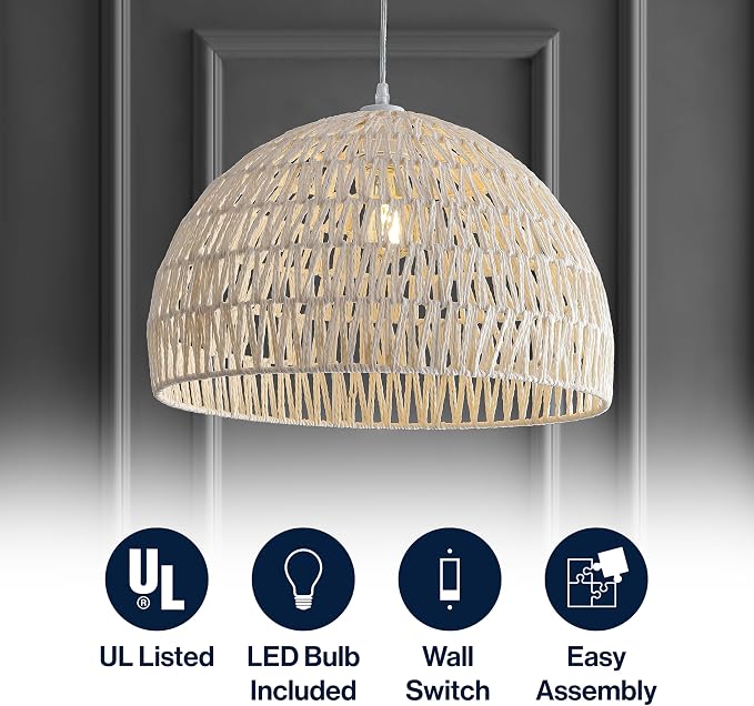 JONATHAN Y 20" Cream Modern Bohemian Woven Rope LED Pendant Light Fixture, Adjustable Dome Ceiling Lamp for Kitchen Island, Rope Shade, Coastal Farmhouse Decor JYL6504A