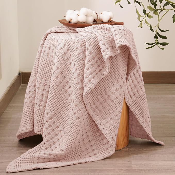 PHF 100% Cotton Waffle Throw Blanket for Couch, Lightweight Breathable and Soft for Summer, Luxury Aesthetic Waffle Weave Blanket for Home Decor & Office, Gifts for Women, 50"x60", Pink/Mauve