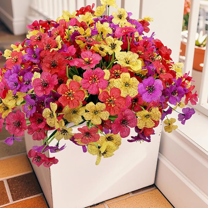 Geegoods Artificial Mums Flowers for Outdoors, 16 Bundles UV Resistant Fake Plastic Colorful Mix Flowers for Patio Porch Spring Summer Decor