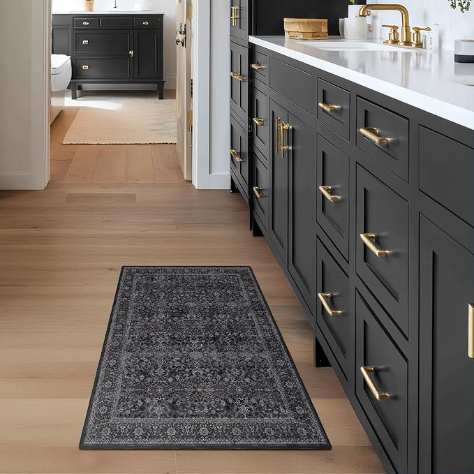 Dark Entryway Rug 2x3, Kitchen Rugs Non Slip Washable, Low Pile Ultra Thin Door Mat Indoor Entrance, Small Carpet for Bedroom Bathroom, Vintage Farmhouse Earth Tone Midnight