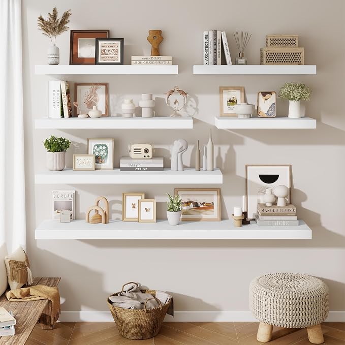 Fun Memories Wood Floating Shelves 20 Inch, 12 Inch Deep Shelves Wall Mount, Wall Shelves with Invisible Bracket, 20" Floating Shelves for Living Room Bathroom Bedroom, White, Set of 2